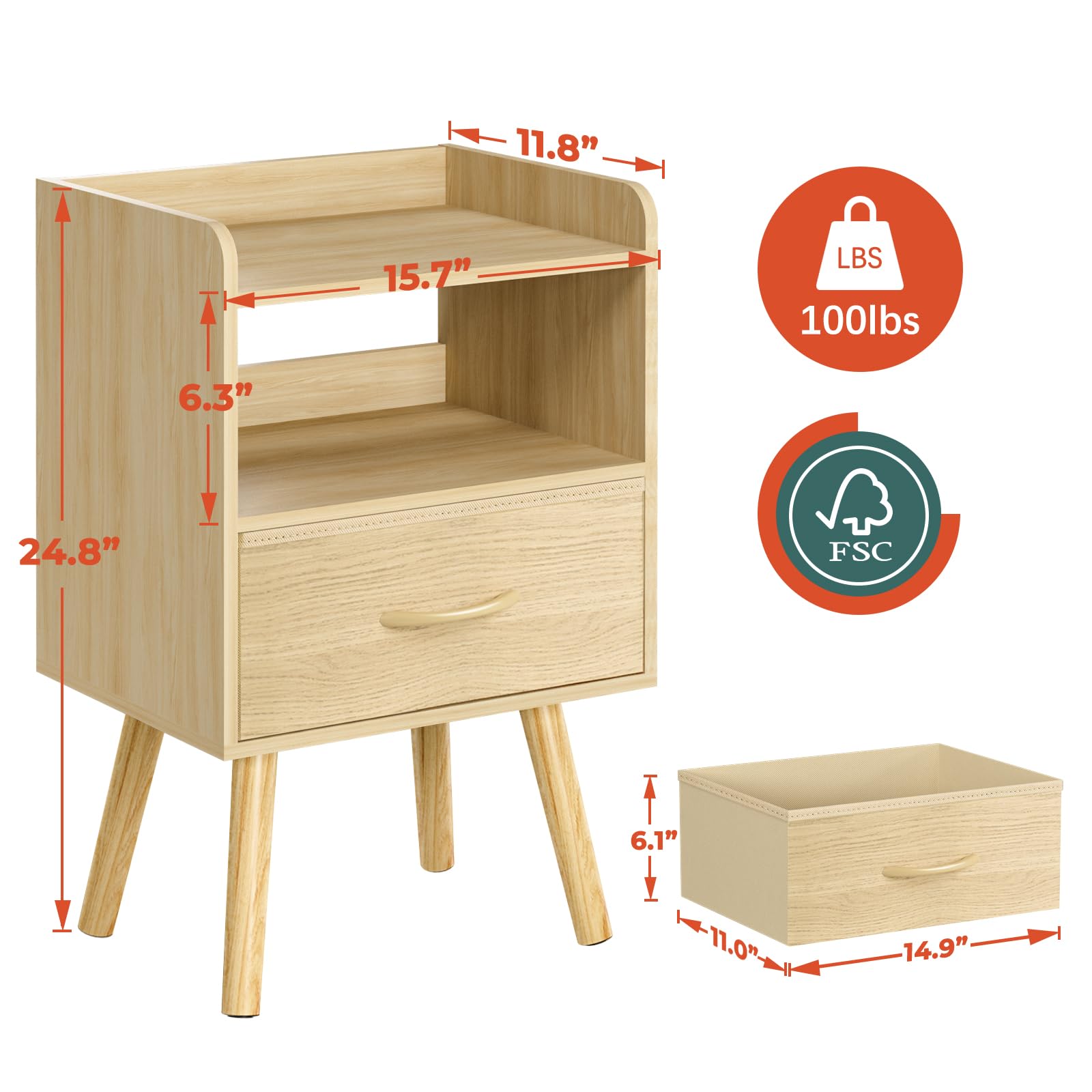 Night Stand with Fabric Drawer, Modern Nightstand, Bedside Tables