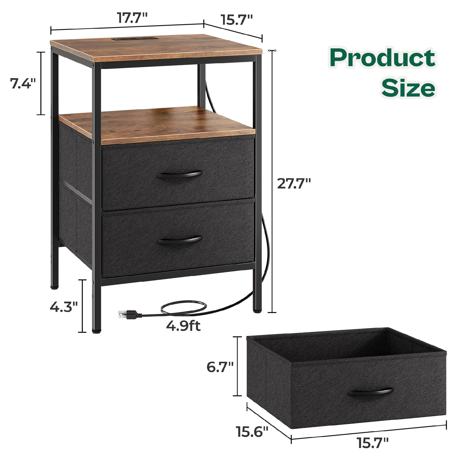 Nightstand with Charging Station, Side Table with Fabric Drawers, End Table with Open Shelf