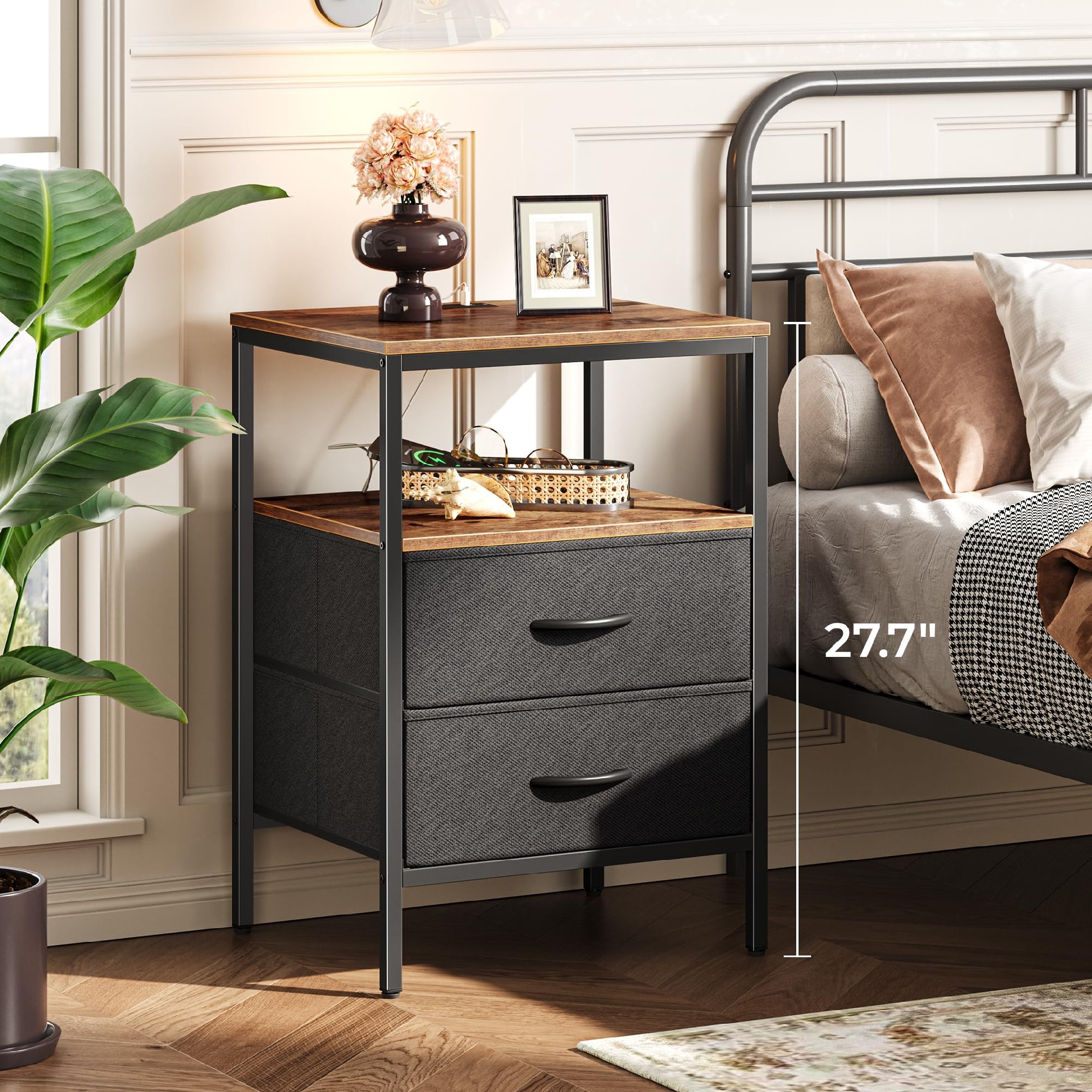 Nightstand with Charging Station, Side Table with Fabric Drawers, End Table with Open Shelf