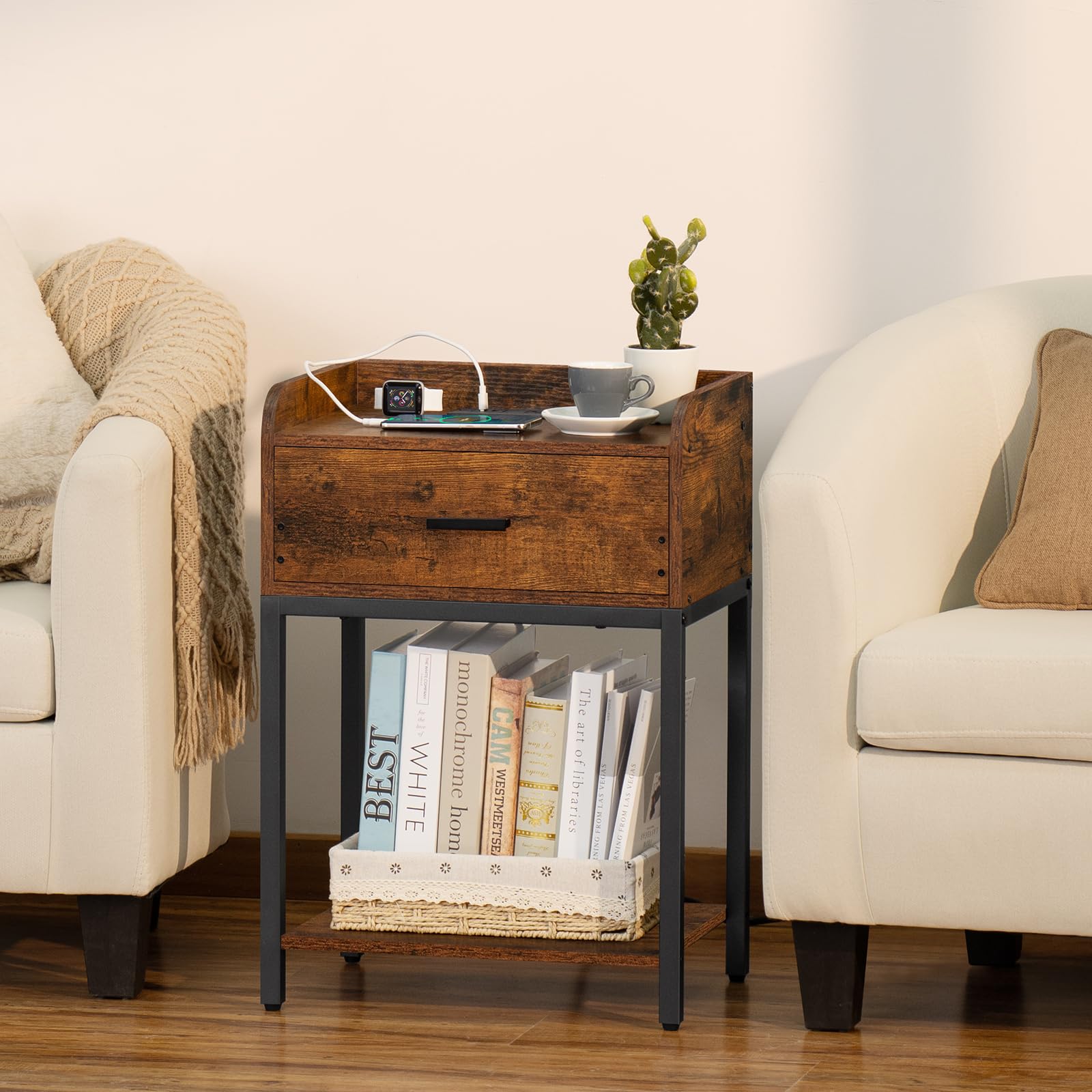 Nightstand with Charging Station, Night Stand with 2 Outlets and 2 USB Ports