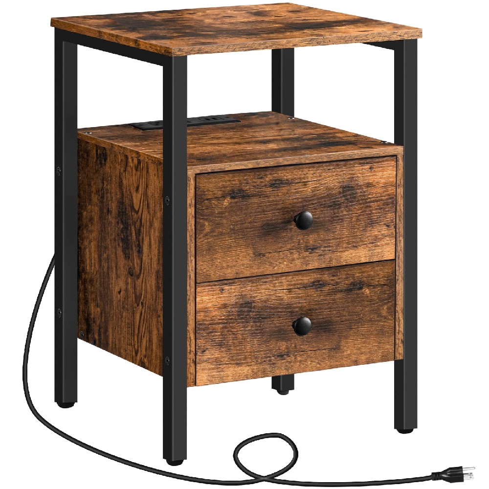 End Table with Charging Station, Bedside Table with 2 Drawer & USB Ports & Power Outlets